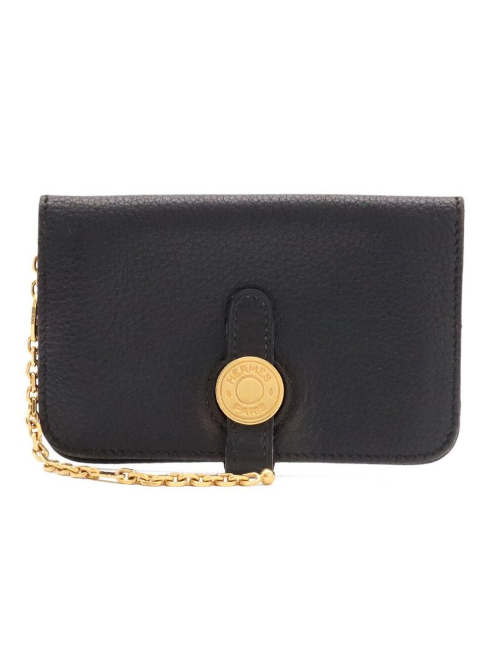 Hermes Dogon Key Case Coin Purse Card Leather Black Gold with Chain